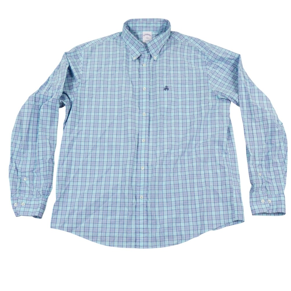 Brooks Brothers 1818 Plaid Button Down Sport Shirt Mens Large Blue Logo Cotton
